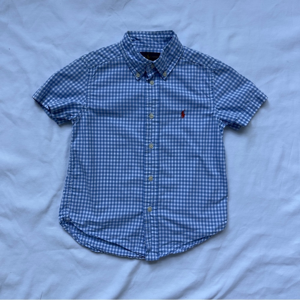 Ralph Lauren Boys Short Sleeve Button Down Shirt Size 5 Blue Gingham